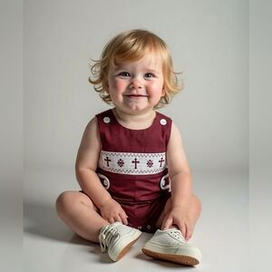 Rylee Faith Designs Dark Red Smocked Christening Bishop Romper
